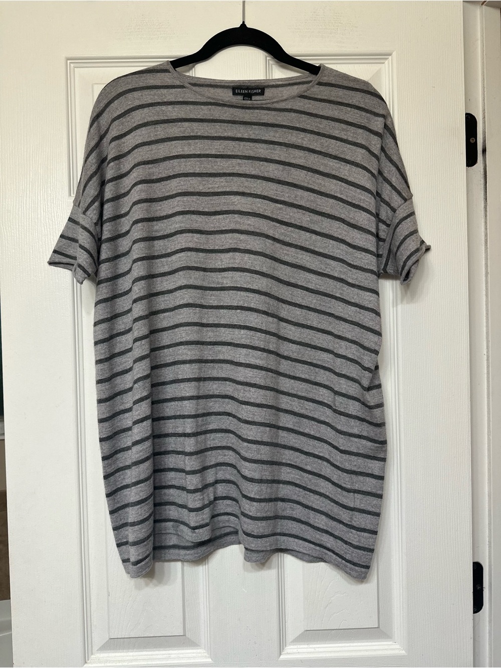 Eileen Fisher Light Gray and Charcoal Striped Short-Sleeve Tee